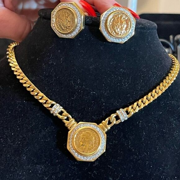 Vintage Ancient Roman Greek Coin Rhinestone Necklace and Clip on Earring Set - Picture 4 of 8